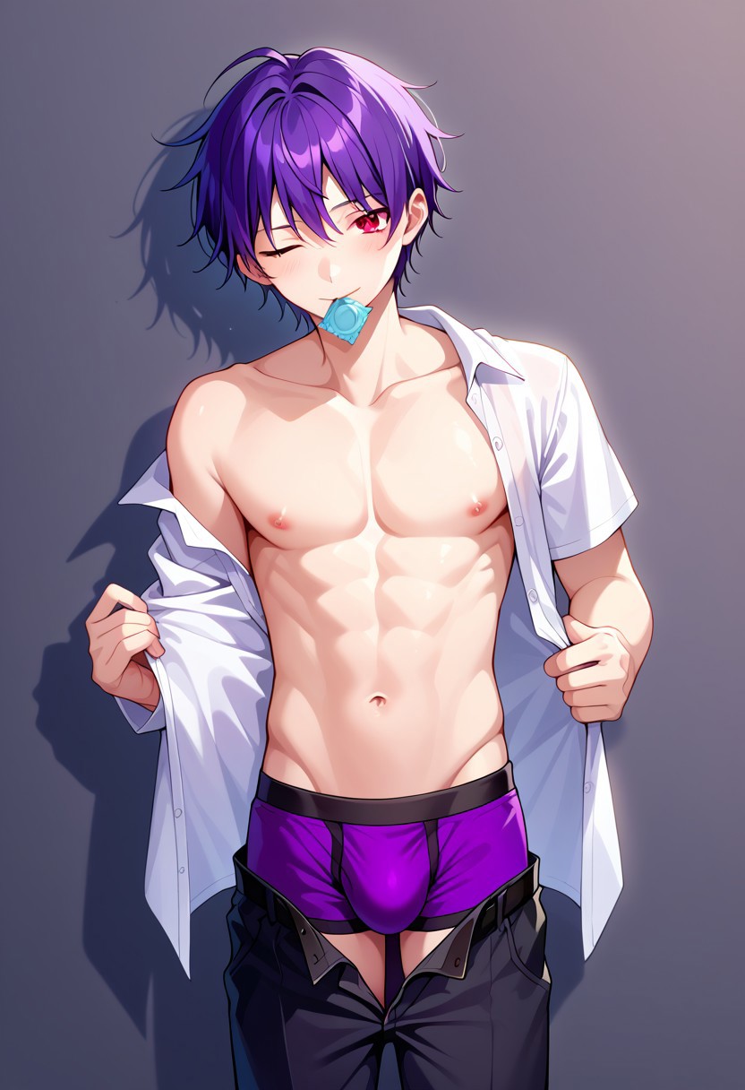 1boy ahoge ai_generated black_pants blossomtea blue_condom blush boxers bulge civitai closed_mouth closed_mouth_smile collarbone colored_eyebrows condom condom_in_mouth emi_senju eyebrows eyebrows_visible_through_hair genderswap_(ftm) hair_between_eyes hassaku_xl highlights highlights_(coloring) light_blush masa_works_design navel nipples one_eye_closed oni_to_kitsune_no_hanashi pants pants_down purple_boxers purple_eyebrows purple_hair red_eyes rule_63 self_upload shirt shirt_pull short_sleeves smile unbuttoned_shirt underwear undressing undressing_self white_shirt