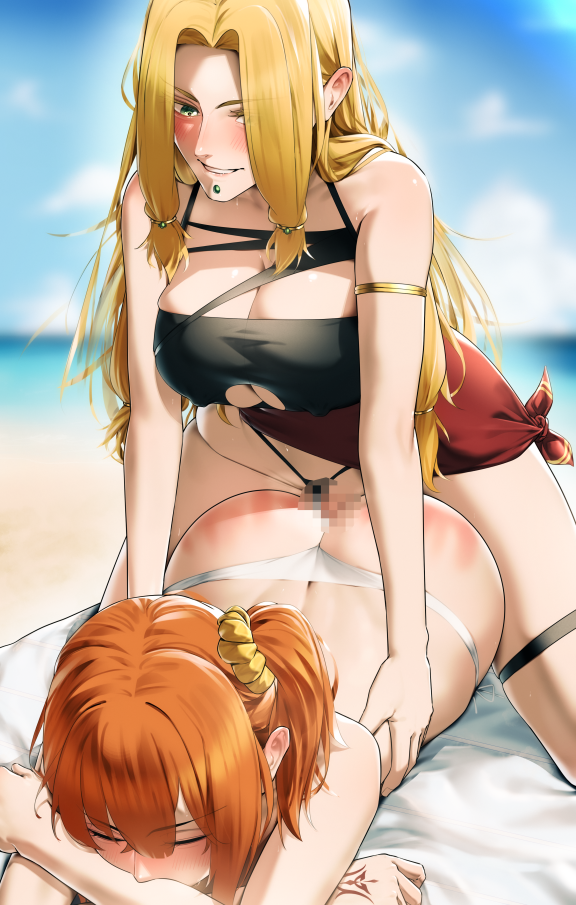 2girls ass beach big_breasts bikini blonde_hair breasts censored closed_eyes commission covered_nipples fate/grand_order fate_(series) fujimaru_ritsuka_(female) futa_with_female futanari hair_ornament hair_scrunchie large_breasts lying mosaic_censoring multiple_girls on_stomach orange_hair pixiv_commission prone_bone quetzalcoatl_(fate) scrunchie side_ponytail smile spanked swimsuit tamamoice