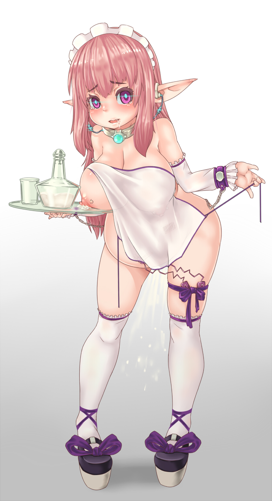 apron, areolae, barcode, barcode tattoo, blush, breasts, collar, cuffs, drooling, elf, female, lactation, large breasts, looking at viewer, maid headdress, milk, nipple piercing, nipples, parted lips, piercing, pink eyes, pink hair, pointy ears, pregnant, saliva, slave, solo, standing, stockings, tattoo, tears, vibrator, yakou (4507770)