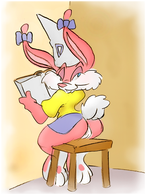 anthro ass babs_bunny book clothing colored_sketch corner dunce_cap female fur furry hat karri_aronen lagomorph looking_back mammal pink_fur pussy rabbit raised_tail school simple_background sketch skirt solo stool tiny_toon_adventures toony warner_brothers