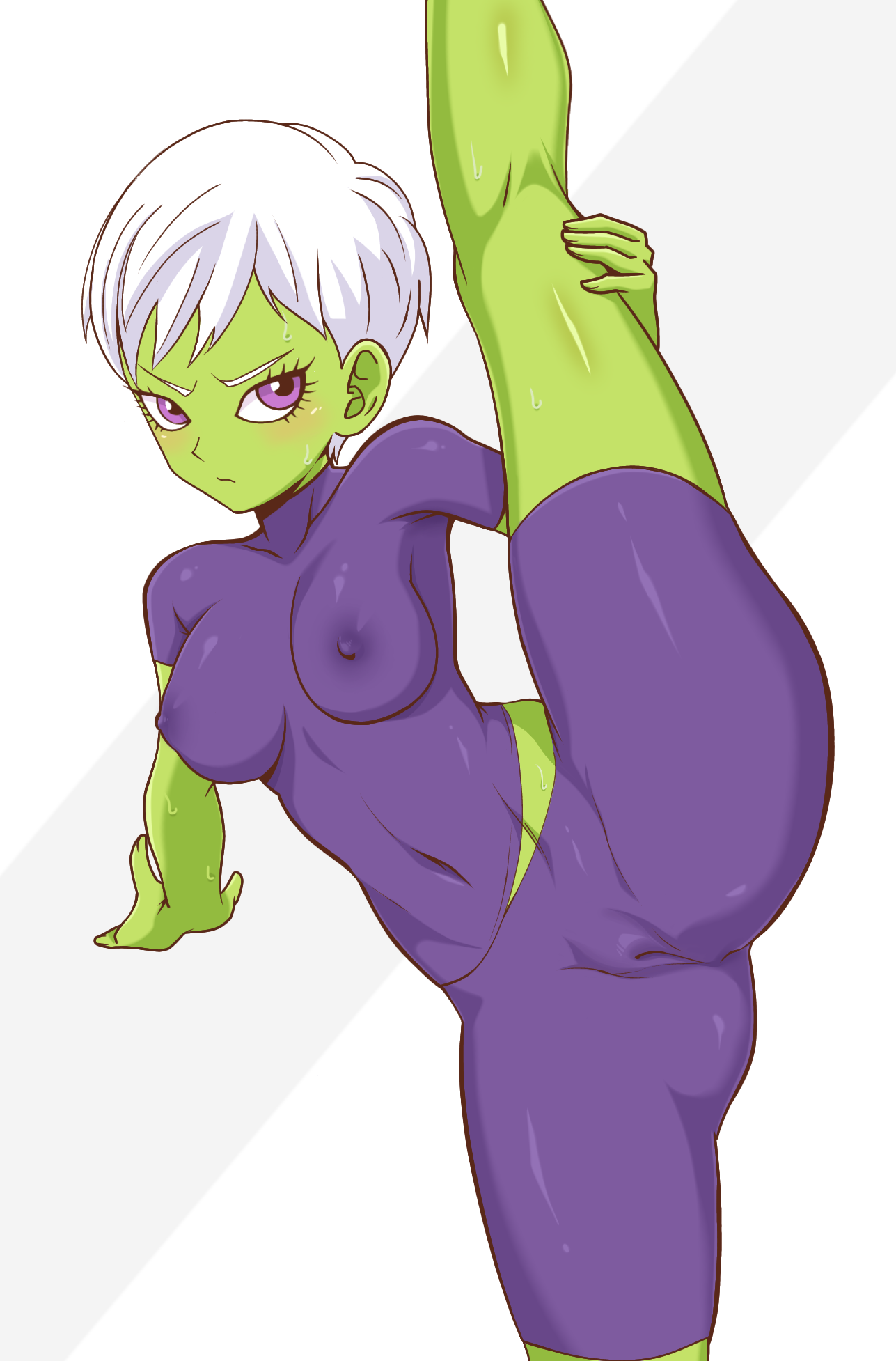 armpits, ass, breasts, cheelai, dragon ball, dragon ball super, female, female pervert, large breasts, leg up, legs, legs apart, nipples, pervert, pussy, pussy focus, sex invitation, sexually suggestive, short hair, shorts, solo, white hair