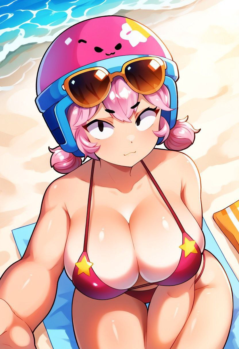 ai generated, beach, bikini, bonnie (brawl stars), brawl stars, breasts, female, female only, from above, half naked, huge breasts, pink hair, sunglasses, uncle soulja