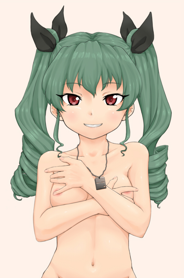 anchovy blush breasts female girls_und_panzer green_hair groin kaiyuna medium_breasts navel nipples red_eyes solo