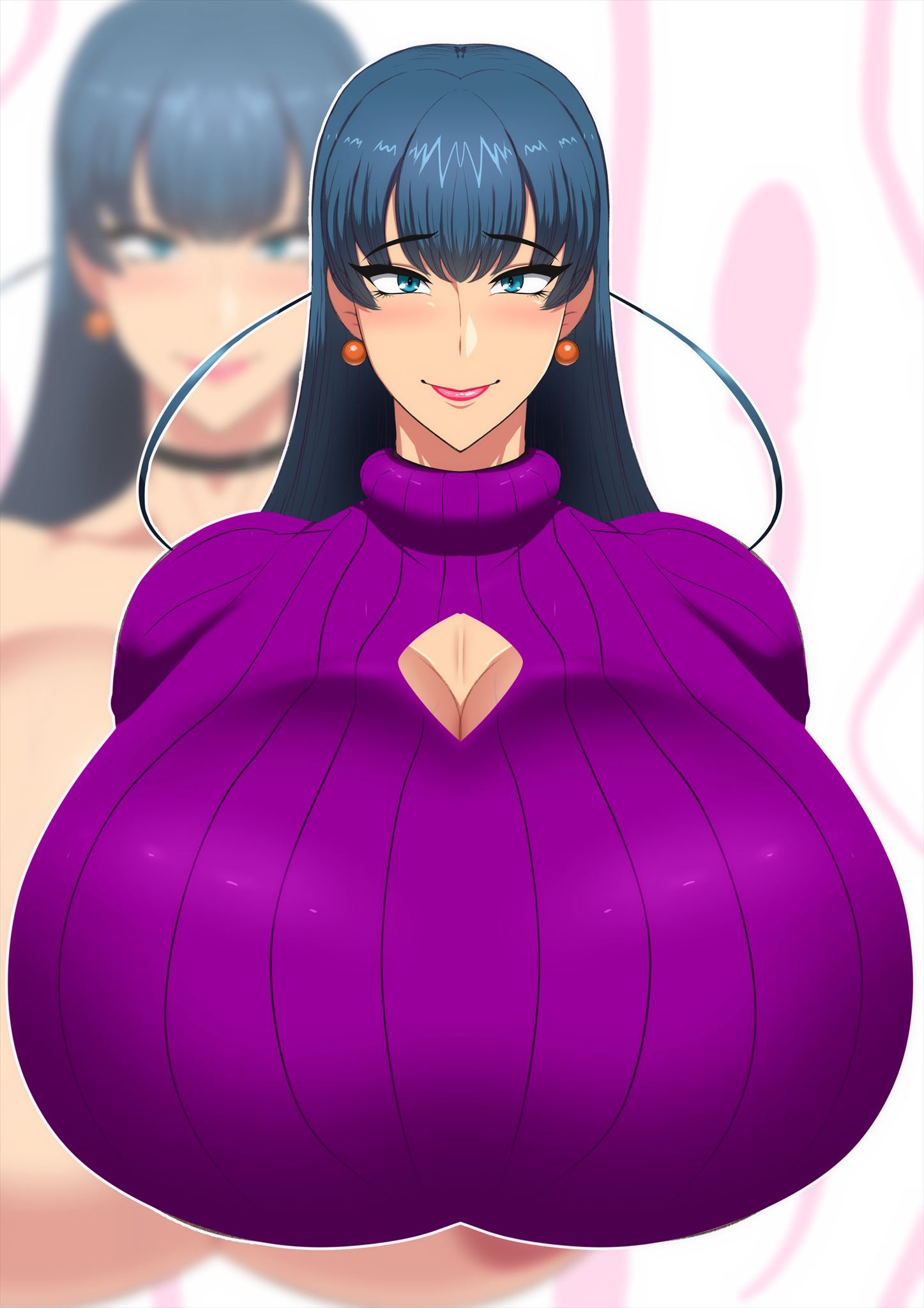 1girls big_breasts black_hair blue_eyes blush breasts busty curvaceous curvy curvy_body curvy_female curvy_figure earrings female gigantic_breasts huge_breasts igawa_asagi large_breasts long_hair milf red_lipstick smile sweater taimanin_(series) taimanin_asagi tits voluptuous zxcv