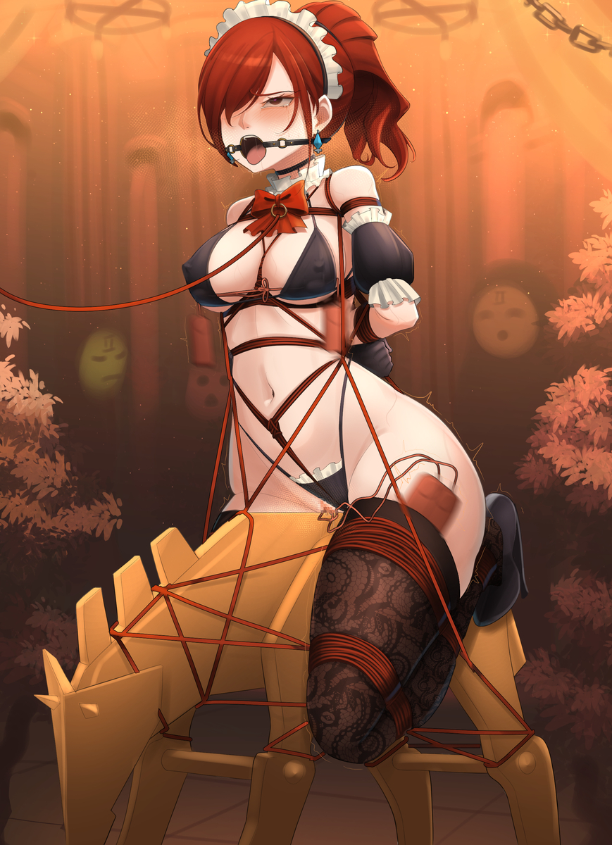bondage, bound, collar, dankestofdans, female, female focus, female only, gag, gagged, maid, maid headdress, mitsuru kirijo, persona, persona 3, ring gag, submissive, submissive female