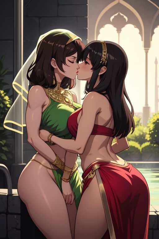 2girls ai_generated bangle bare_shoulders bare_thighs big_breasts black_hair brown_hair closed_eyes female female_only gold_jewelry green_clothing indian indian_clothes indian_female jewelry kissing light-skinned_female light_skin red_clothing round_ass saree sari slim_waist thick_thighs veil yuri