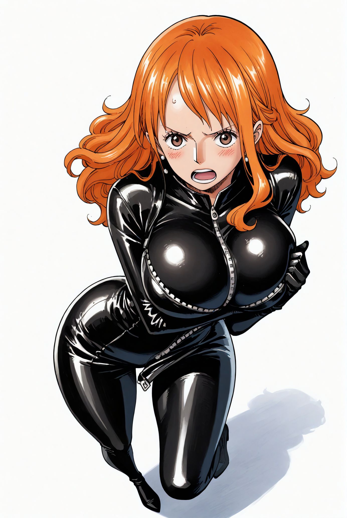 ai_generated alluring big_breasts blush bodysuit breasts brown_eyes female female_only latex latex_bodysuit latex_clothing latex_suit looking_at_viewer nami nami_(one_piece) one_piece orange_hair seducing seduction seductive seductive_body seductive_eyes seductive_gaze seductive_look seductive_mouth seductive_pose seductive_smile shiny_hair shiny_skin shiny_suit skin_tight voluptuous voluptuous_female yashin zipper zipper_pull_tab