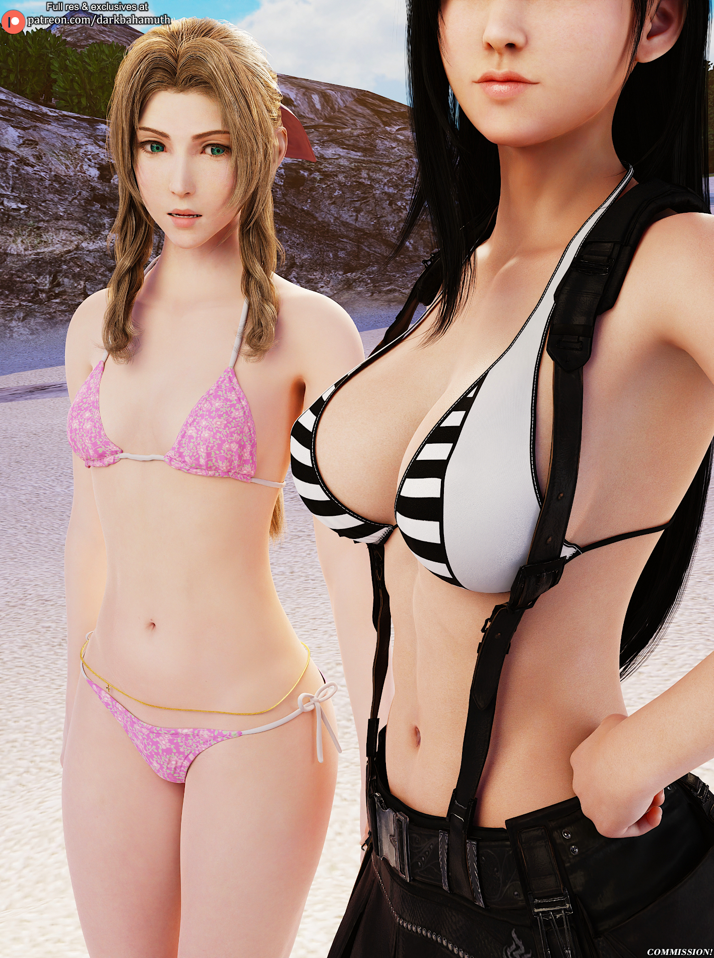 2girls, 3d, aerith gainsborough, big breasts, bikini, black hair, breast envy, breast size difference, breasts, brown hair, darkbahamuth, envy, female, final fantasy, final fantasy vii, final fantasy vii remake, green eyes, navel, petite, pinup, sfw, small breasts, tifa lockhart
