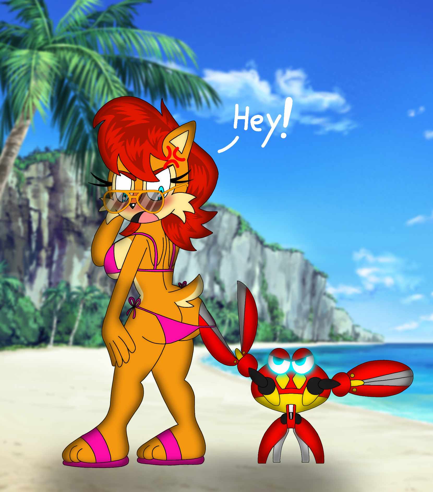 angry archie_comics badnik big_ass big_breasts big_butt bikini blue_eyes blush bottomwear_pull brown_body brown_fur chipmunk coppertone crabmeat english_text flip_flops mobian_(species) pink_bikini pulling_bikini pulling_bikini_down red_hair robot sally_acorn sandals scissors sega sonic_(series) sonic_the_hedgehog_(archie) sonic_the_hedgehog_(comics) sonic_the_hedgehog_(series) swimwear swimwear_pull thick_thighs weebmochi69 yaboiskywardmochi1998