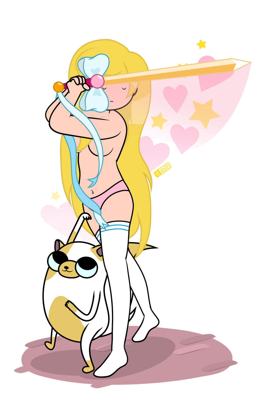 1girls adventure_time blonde_hair blush cake_the_cat closed_eyes dm29 female female_only fionna_campbell fionna_the_human_girl long_hair mob_face panties sitting suggestive sword thighhighs