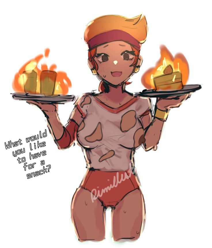 1girls amber_(brawl_stars) brawl_stars breasts dialogue digital_media_(artwork) embarrassed female female_focus female_only fire ginger_hair headband nipple_slip orange_hair red_shorts ripped_clothing serving_food serving_tray short_shorts shorts solo solo_female solo_focus sweat t-shirt waitress white_background