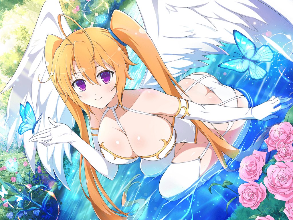 ahoge angel_girl angel_wings ass bare_shoulders big_breasts blush body_blush breasts brown_hair butt_crack choker cleavage closed_mouth collarbone crossover elbow_gloves garter_belt garter_straps gloves high_school_dxd in_water lingerie long_hair marvelous official_art outdoors partially_submerged purple_eyes senran_kagura_new_link shidou_irina shiny_skin sitting smile thighhighs thighs twintails underwear water white_gloves white_thighhighs yaegashi_nan