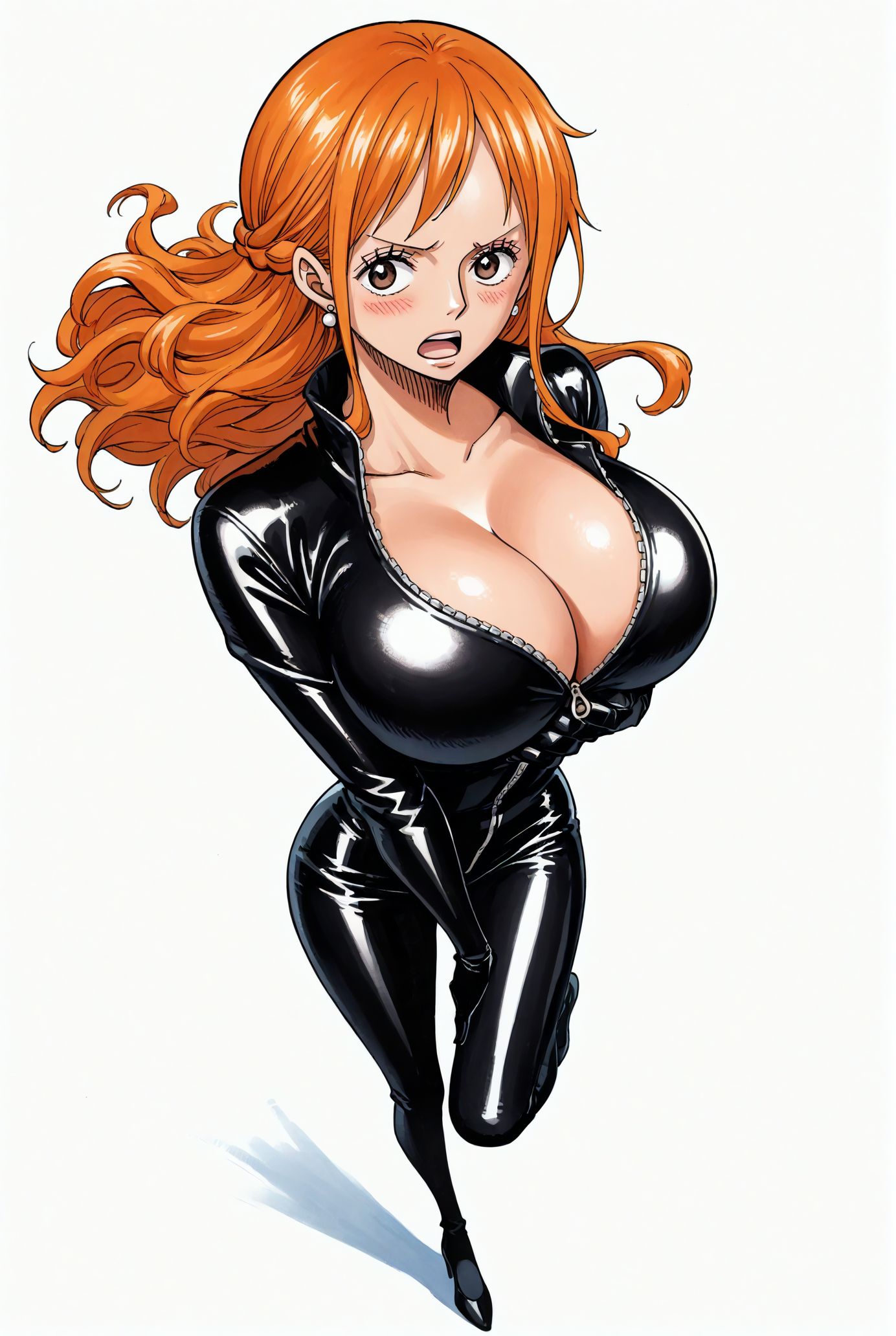 ai_generated alluring big_breasts blush bodysuit breasts brown_eyes female female_only latex latex_bodysuit latex_clothing latex_suit looking_at_viewer nami nami_(one_piece) one_piece orange_hair seducing seduction seductive seductive_body seductive_eyes seductive_gaze seductive_look seductive_mouth seductive_pose seductive_smile shiny_hair shiny_skin shiny_suit skin_tight voluptuous voluptuous_female yashin zipper zipper_pull_tab