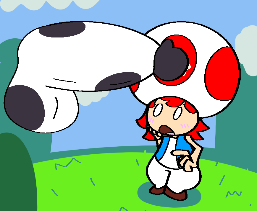 anthro bit-fruity black_spots blue_vest blush blush_lines brown_shoes cum disembodied_penis grass hill hills leaking_cum leaking_precum mario_(series) no_nose precum red_hair short_hair spots toad_(mario) white_eyes white_pants white_shirt