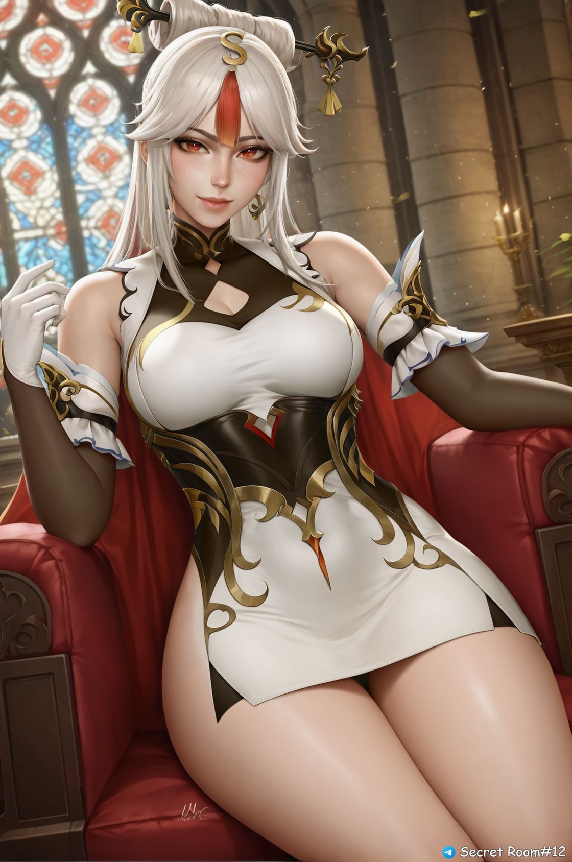ai generated, big hips, female, genshin impact, gloves, ningguang (genshin impact), red eyes, secret room12, shiny skin, sitting, stable diffusion, white hair