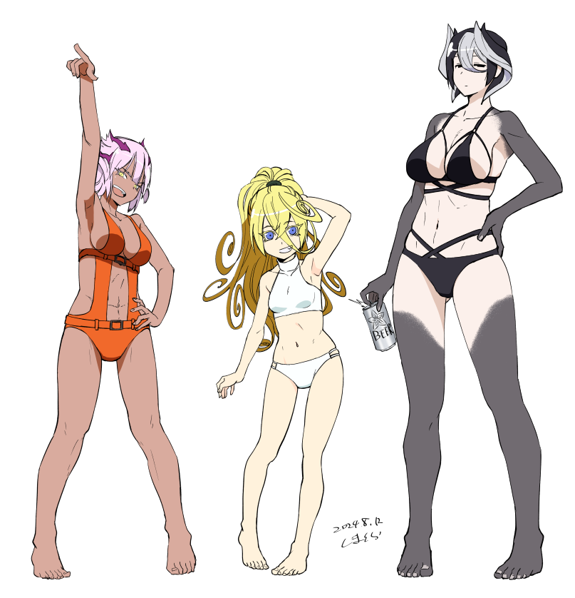 3girls alcohol barefoot beer beer_can big_breasts bikini black_and_white_hair black_bikini blonde_hair blue_eyes body_markings cleavage female female_only full_body height_difference light_skin long_hair looking_at_viewer lyza_(made_in_abyss) made_in_abyss one-piece_swimsuit orange_swimsuit ozen pale_skin pink_hair ponytail shimatora short_hair sideboob small_breasts smile srajo standing swimsuit tan_skin tankini two_tone_hair white_swimsuit