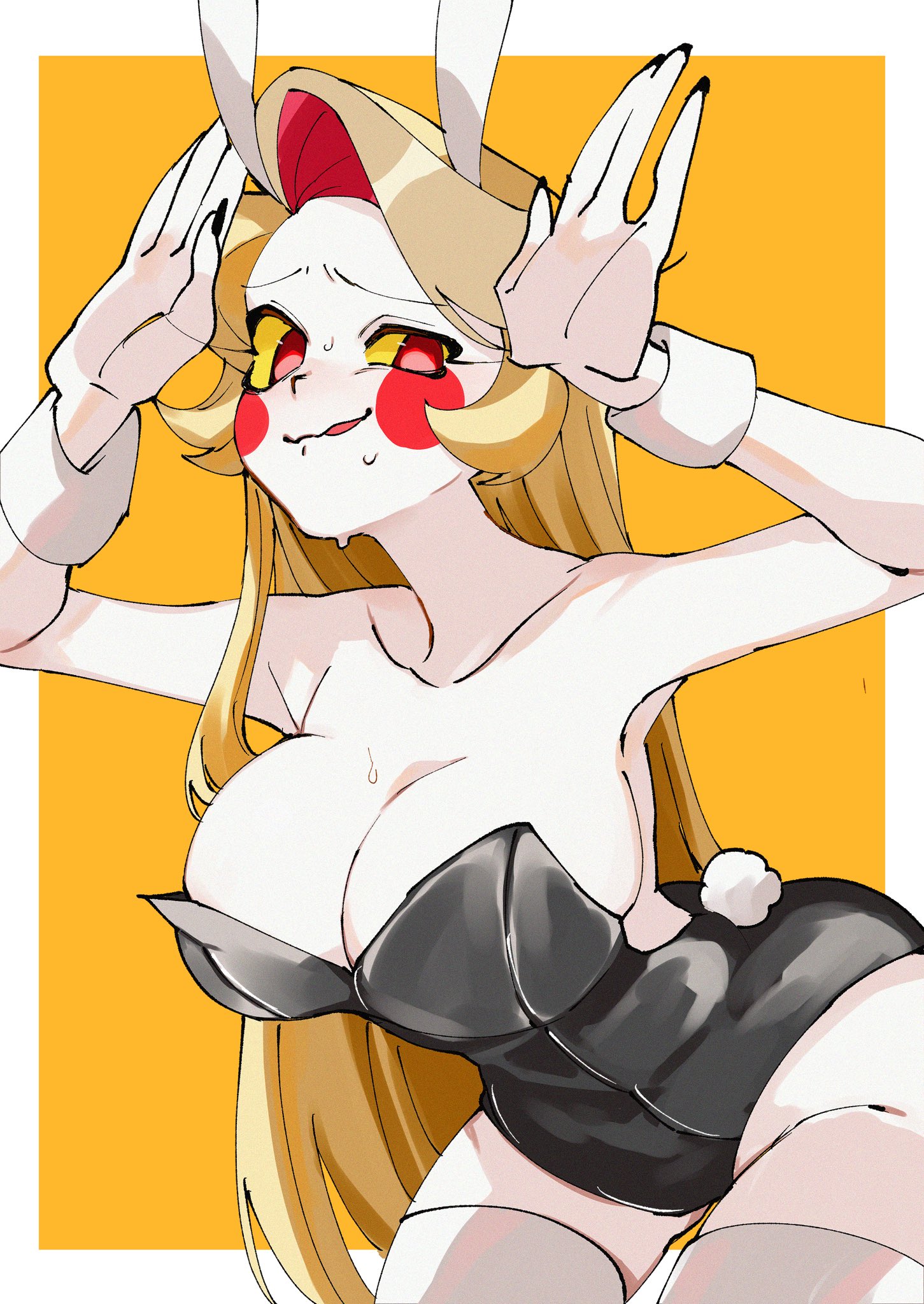 1girls, ass, bare arms, bare shoulders, bare thighs, big breasts, blonde hair, blush, breasts, bunny ears, bunny tail, bunnysuit, charlie morningstar (hazbin hotel), cleavage, clothed, clothing, color, female, female focus, female only, hazbin hotel, hi res, honeko 06, large breasts, light skin, light-skinned female, long hair, looking at viewer, no bra, red eyes, solo, solo female, tagme, thick thighs, vivienne medrano
