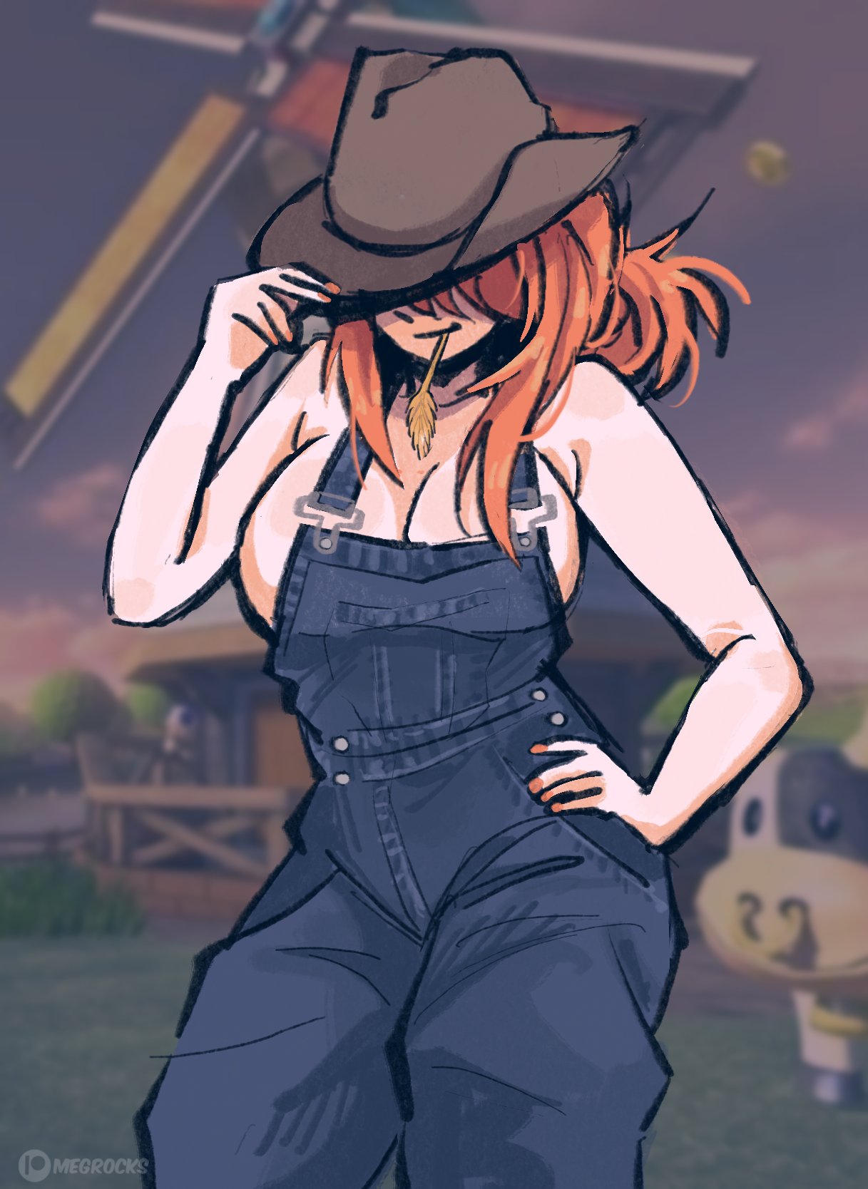 1girls big_breasts cleavage fanart fanart_from_twitter farmgirl female ginger ginger_hair hat megrocks orange_hair original_character overalls revealing_clothes salaciouspeachy short_hair tied_hair