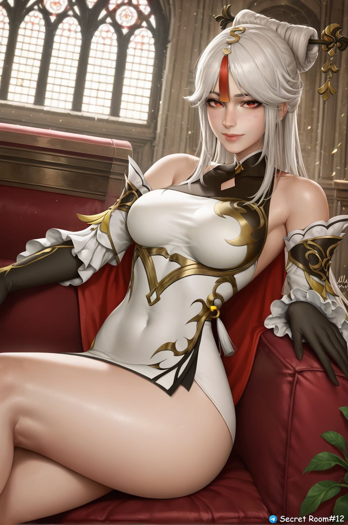ai generated, big hips, female, genshin impact, gloves, ningguang (genshin impact), red eyes, secret room12, shiny skin, sitting, stable diffusion, white hair