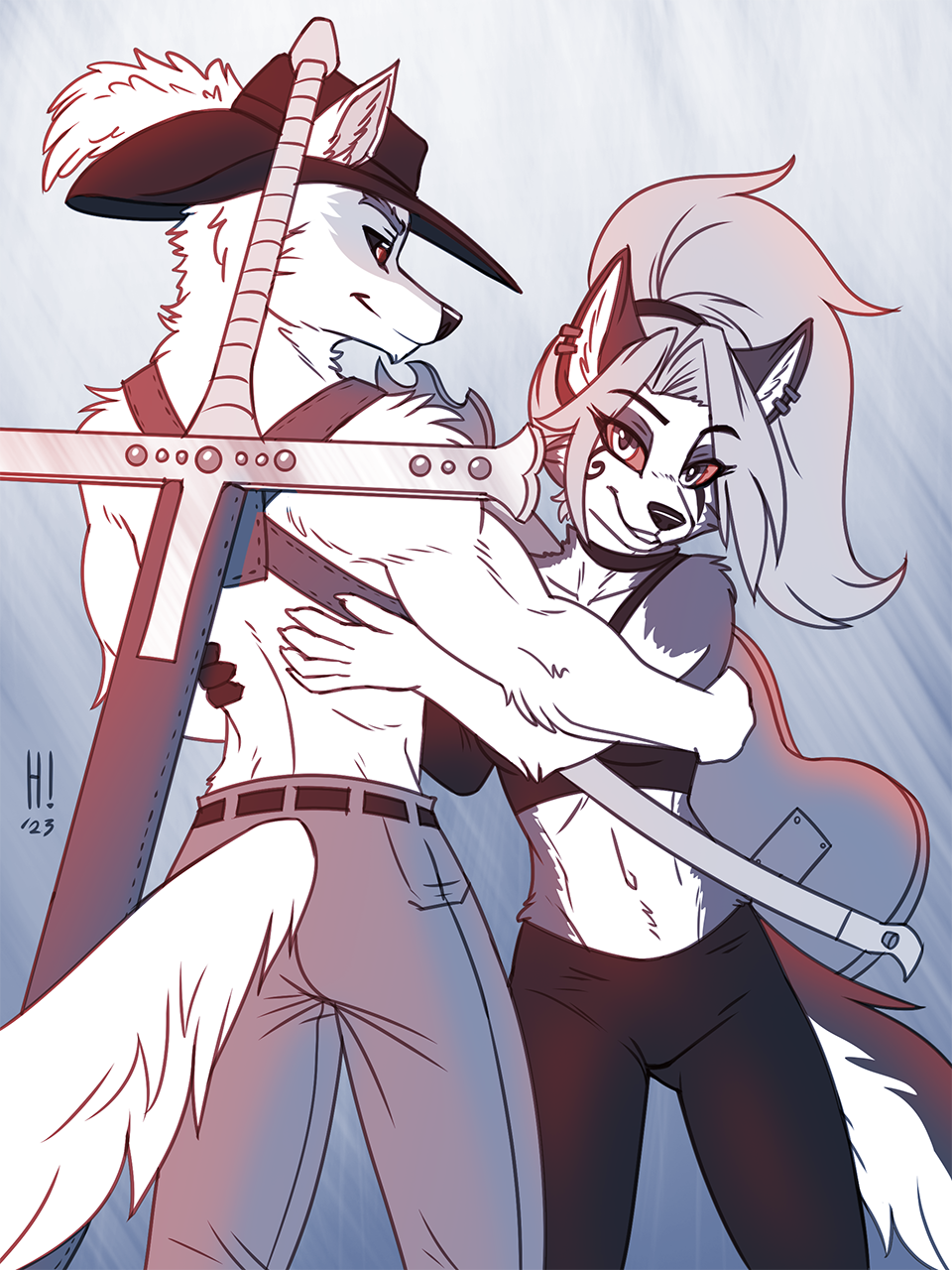 1boy 1boy1girl 1girl1boy 1girls anthro anthro_on_anthro black_pants black_shirt canid canine cleft_of_venus crossover crossover_cosplay crossover_pairing crossover_shipping danny_phantom death_(puss_in_boots) dracule_mihawk duo duo_focus ember_mclain feathered_hat female fit fit_female fit_male glowing_eyes grey_fur guitar hat hellhound helluva_boss heresyarts long_hair loona_(helluva_boss) male male/female muscles muscular muscular_male no_humans one_piece ponytail puss_in_boots_(dreamworks) puss_in_boots_the_last_wish red_eyes shirtless shirtless_male shrek_(series) straight sword tank_top topless_male weapon white_fur wolf wolf_boy wolf_ears wolf_girl wolf_tail