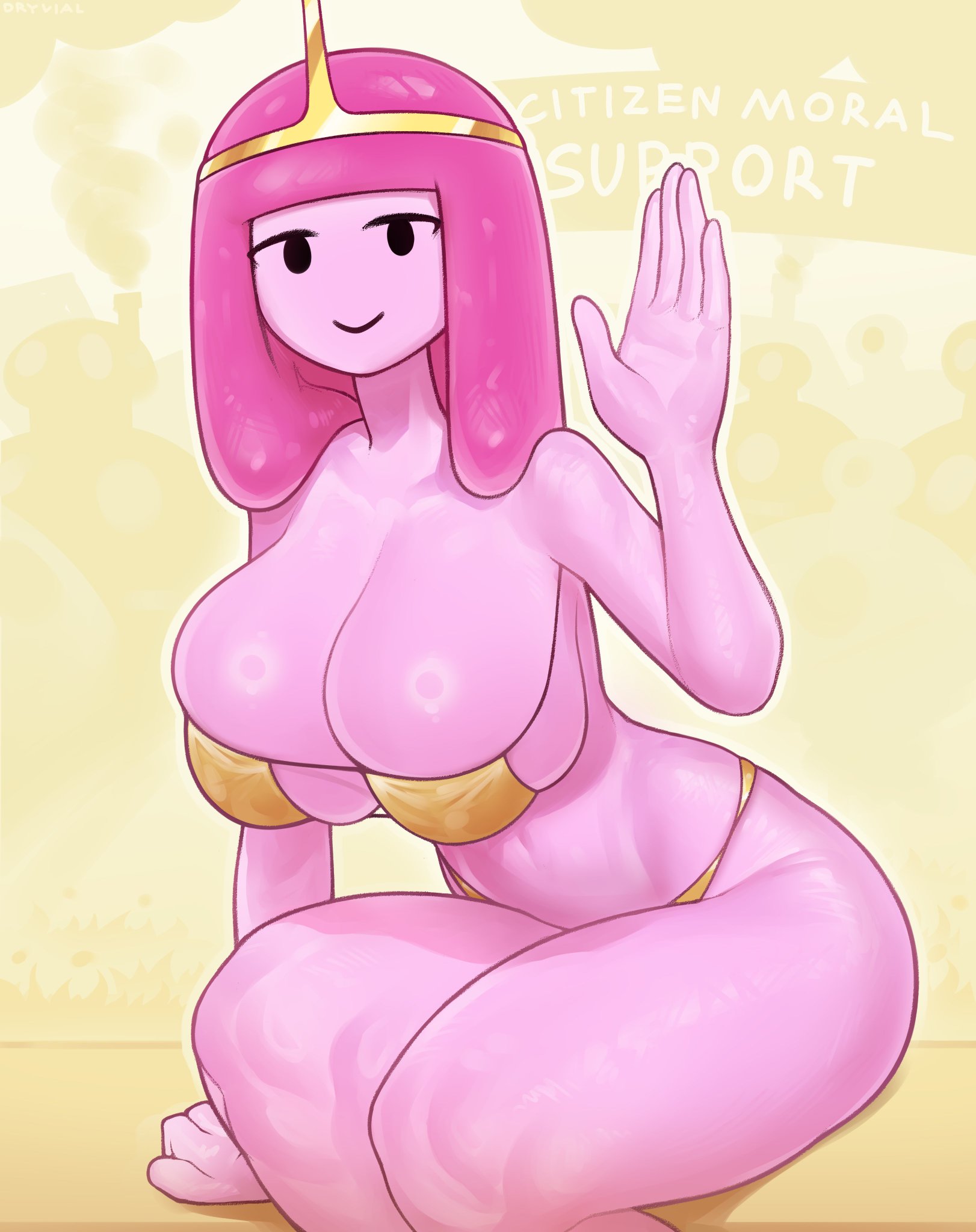 1girls, adventure time, bare arms, bare legs, bare shoulders, bare thighs, big breasts, bikini, bikini bottom, bikini top, black eyes, breasts, cartoon network, clothed, clothing, color, crown, dryvial, female, female focus, female only, hi res, large breasts, long hair, looking at viewer, mob face, pink body, pink hair, pink skin, princess, princess bubblegum, solo, solo female, tagme, thick thighs