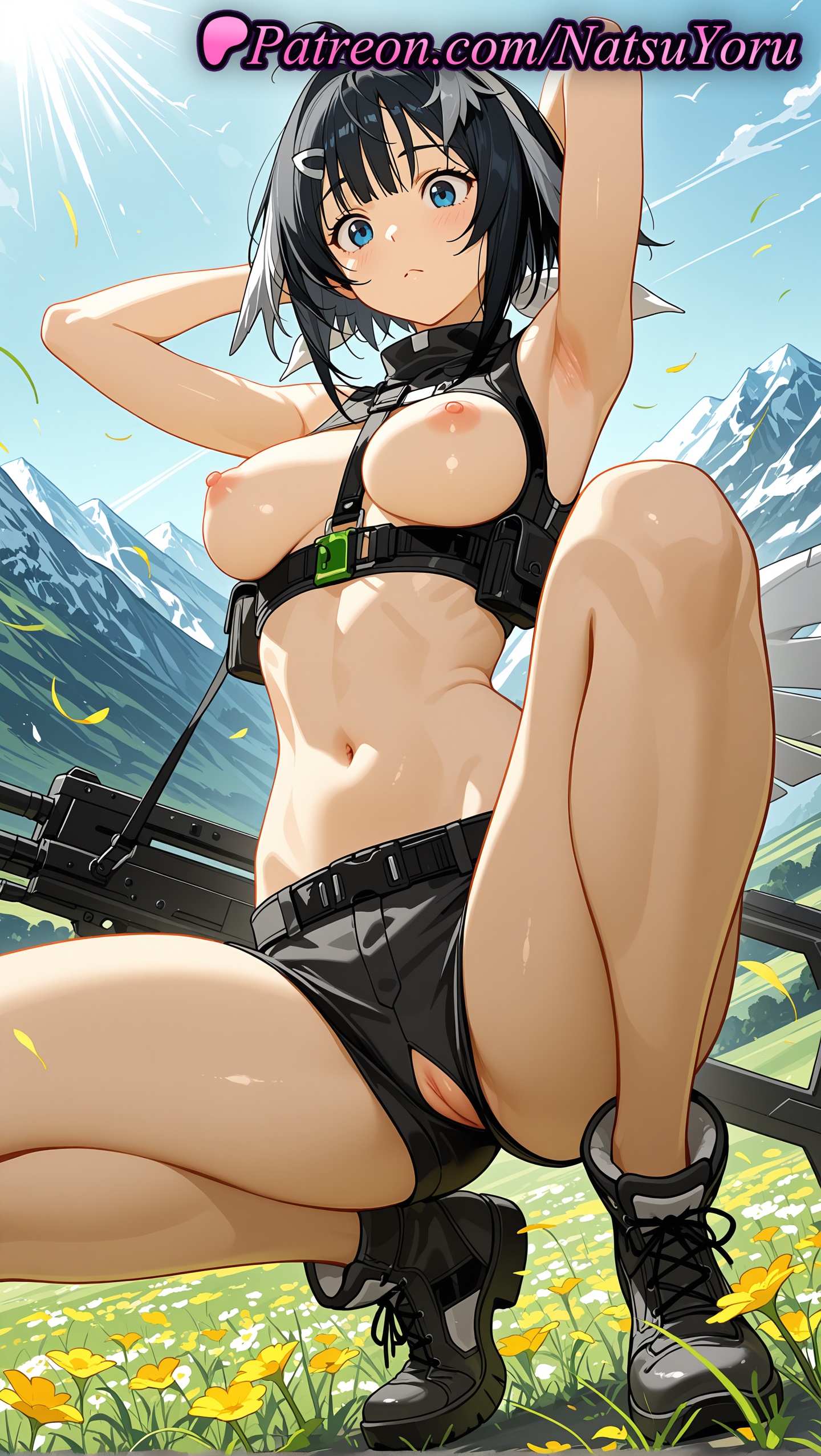 1girls, 2025, ai generated, arknights, armpits, arms up, bangs, between breasts, black footwear, black hair, black shorts, blue eyes, blue sky, blush, breasts, breasts out, closed mouth, crotchless, feather hair, female, flower, hi res, highres, la pluma (arknights), la pluma (summer flowers) (arknights), labia, looking at viewer, medium breasts, natsuyoru, navel, nipples, outdoors, patreon, pussy, short hair, short shorts, shorts, sky, solo, squatting, stomach, strap between breasts, sun, uncensored, voluptuous, voluptuous female, weapon