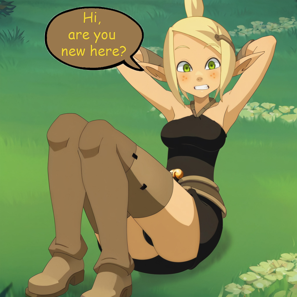 ai_generated black_dress blonde_hair boots brown_boots brown_gloves cra elf evangelyne female_only frackles green_eyes panties posed resting_on_arms tagme text_bubble thick_hips thighs underwear viewer_perspective wakfu