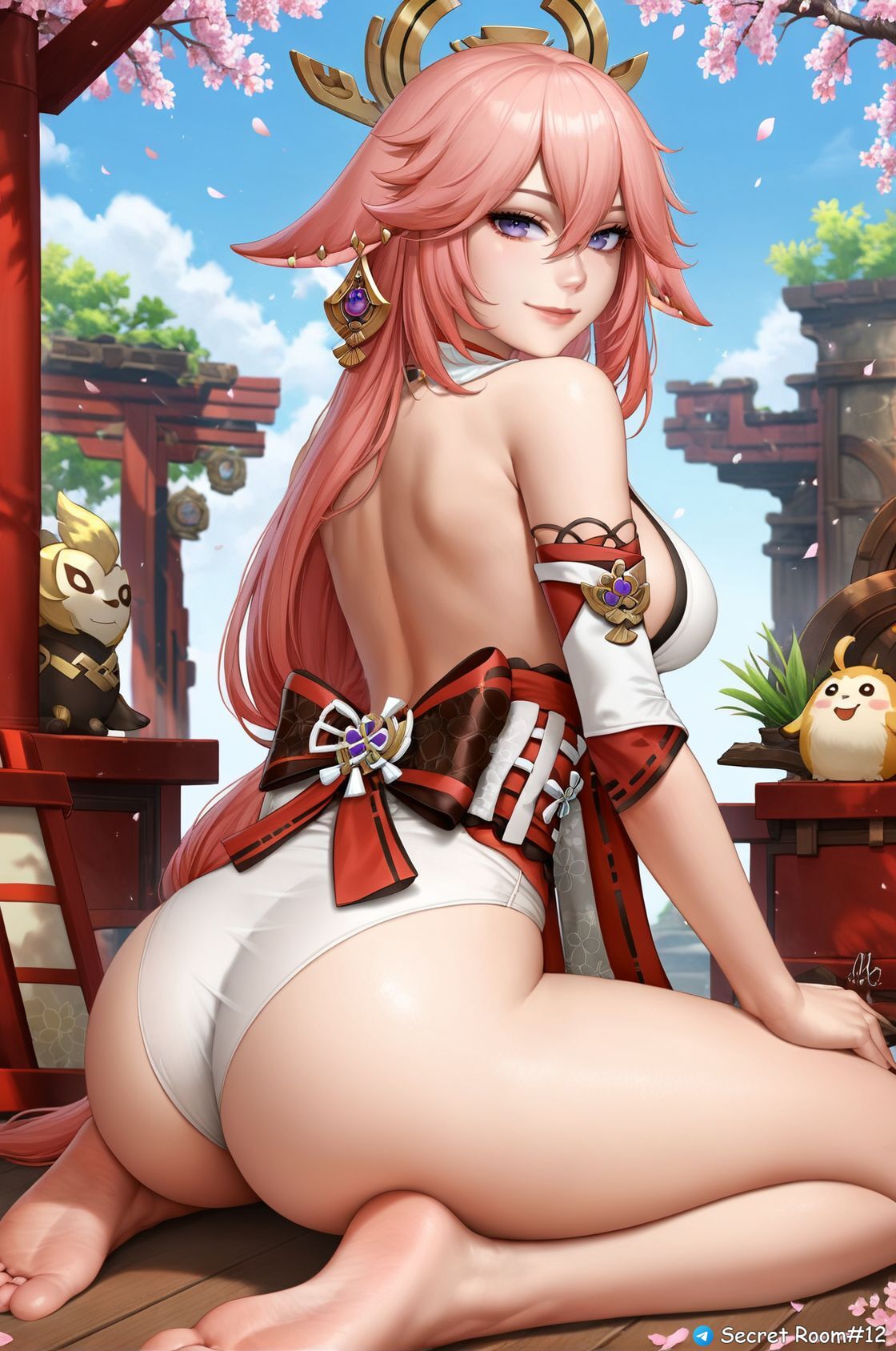 ai generated, ass, ass focus, back view, female, genshin impact, kimono, long hair, pink hair, purple eyes, secret room12, stable diffusion, yae miko