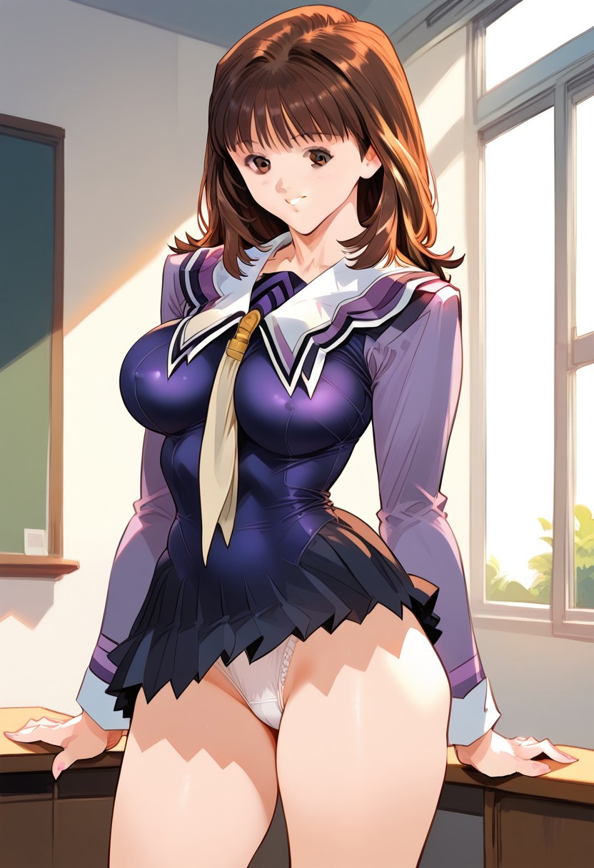 2d ai_generated breasts brown_hair female_focus female_only i"s indoors panties school_uniform skirt smile solo solo_female solo_focus tagme white_panties yoshizuki_iori