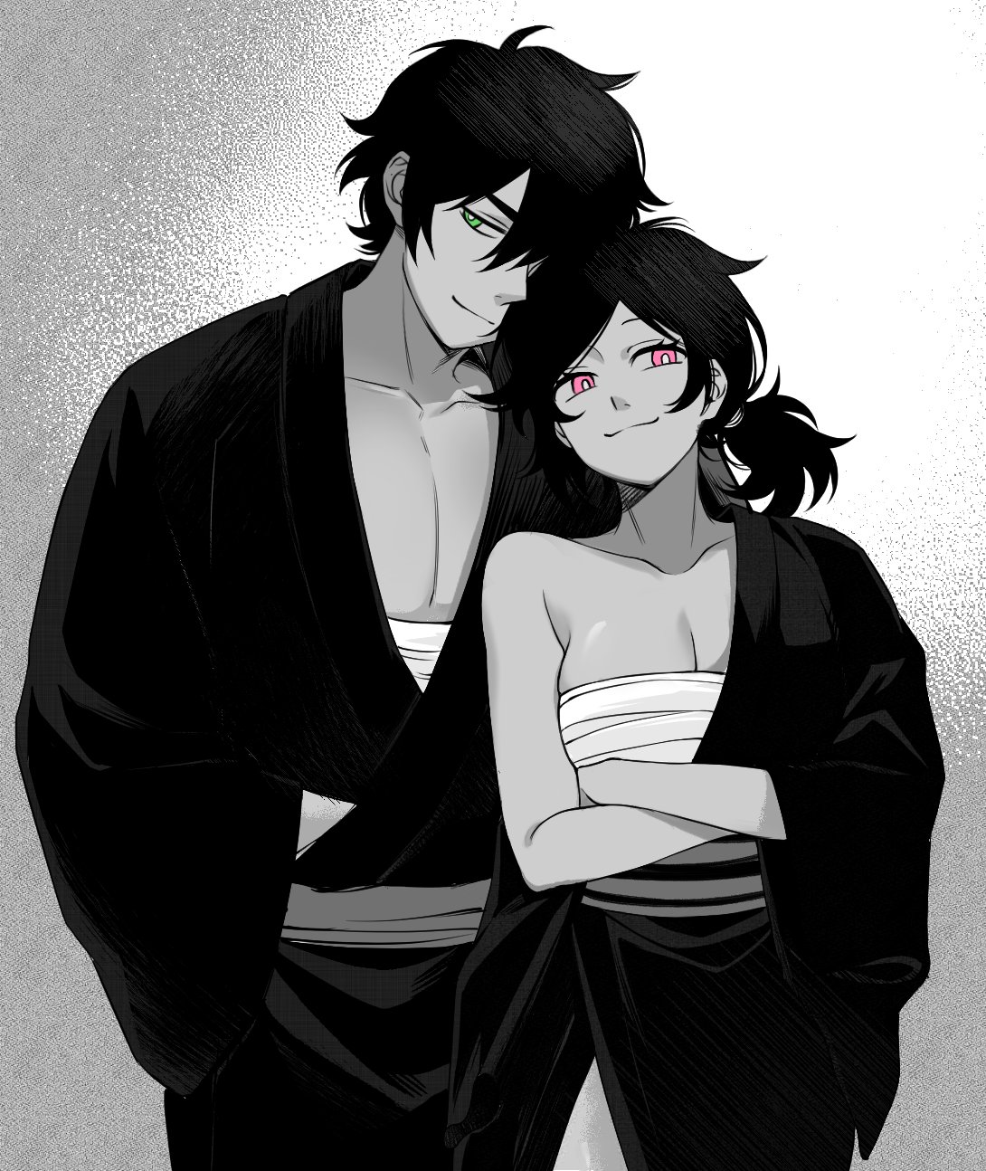 andrew graves, ashley graves, black clothing, breasts, brother and sister, cleavage, female, green eyes, kimono, pointy chin, ponytail, purple eyes, robe, size difference, the coffin of andy and leyley