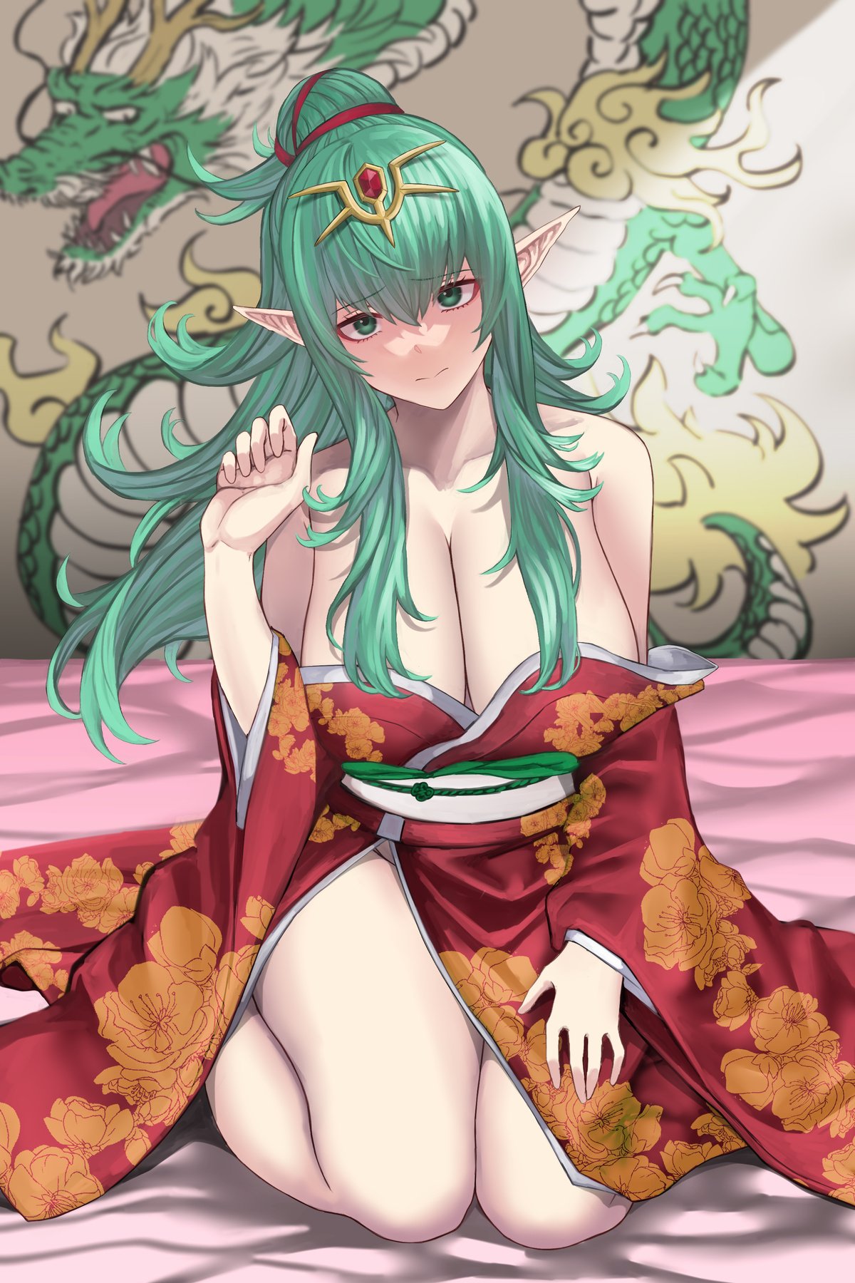 1girls alternate_costume bare_legs bare_shoulders blush breasts chinese_zodiac cleavage dragon eastern_dragon female female_only fire_emblem fire_emblem_awakening floral_print green_eyes green_hair hand_on_own_leg head_tilt highres japanese_clothes kimono large_breasts new_year nintendo off_shoulder pocari66 pointy_ears sagging_breasts seiza sitting solo thighs tiara tiki_(adult)_(fire_emblem) tiki_(fire_emblem) year_of_the_dragon