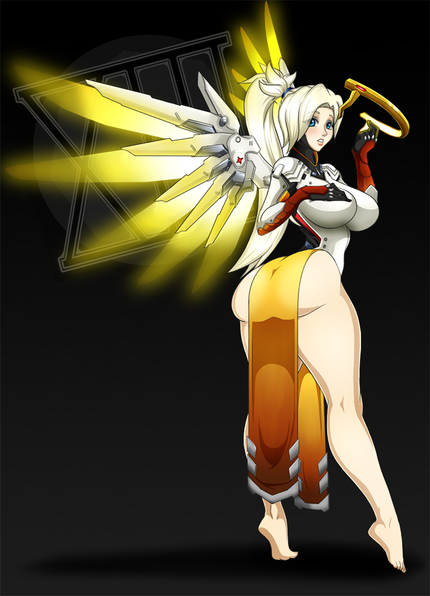 ass blonde_hair blue_eyes bodysuit breasts covering_breasts curvy female glowing headgear huge_ass large_breasts looking_at_viewer mercy overwatch short_hair short_ponytail solo standing thighhighs waifuholic wide_hips