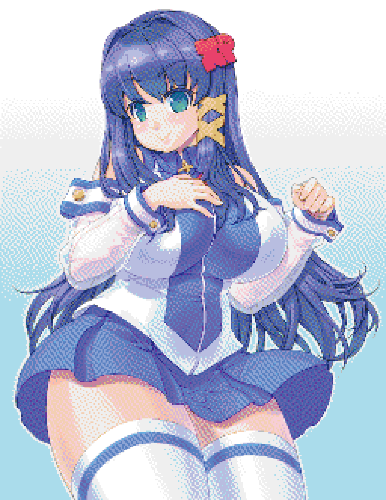 2000s 2000s_nostalgia anime_girl blue_eyes blue_hair cute dark_blue_hair futaba_channel huge_breasts nostalgia os-tan pixel_art pixelated smiling thighs white_and_blue_outfit white_skin windows windows_xp xp-tan