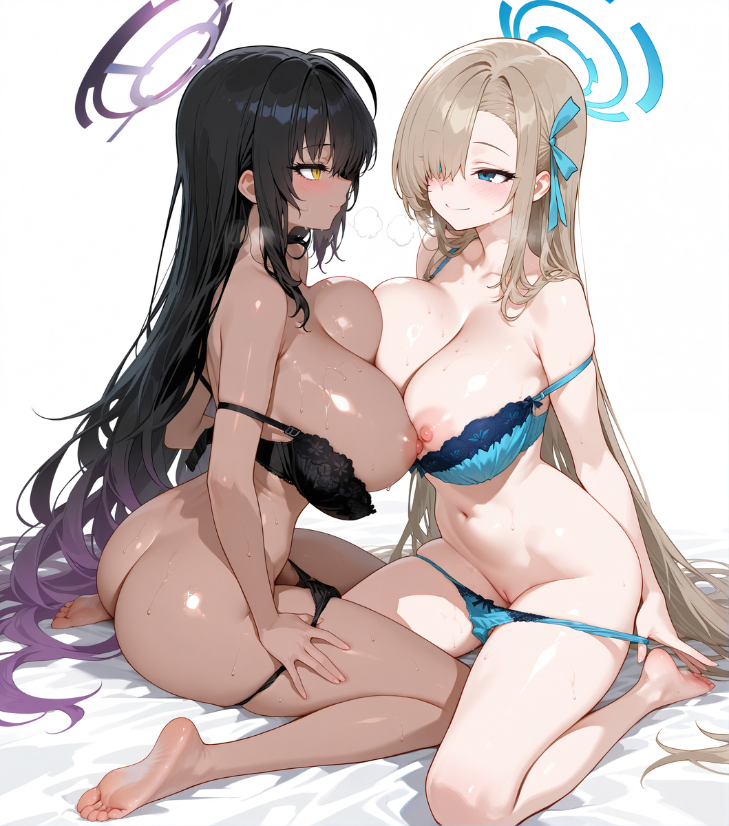 2girls ass asuna_(blue_archive) bed black_bra black_hair black_panties black_skin blue_archive blue_bra blue_panties bra_down breast_on_breasts eyebrows_visible_through_hair halo karin_(blue_archive) lesbian looking_at_partner nipples panties_down romantic sitting taking_off_panties white_background