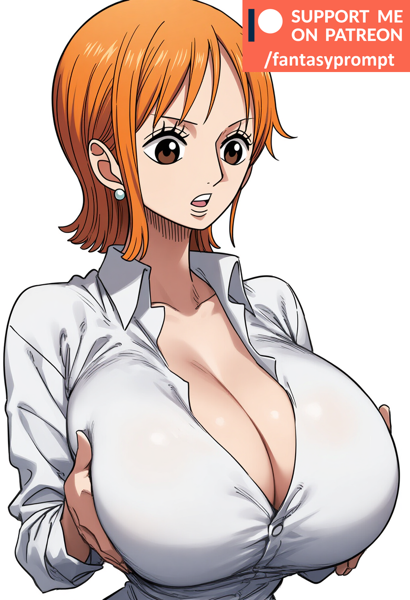 ai_generated breasts_bigger_than_head breasts_squeezed_together brown_eyes cleavage fantasyprompt female female female_only gigantic_breasts hands_on_breasts huge_breasts nami nami_(one_piece) one_piece orange_hair short_hair tight_clothing white_background white_shirt