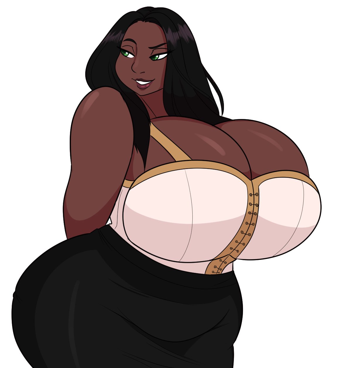 2d, 2d (artwork), 2d artwork, artjwink, black hair, breasts, breasts bigger than head, curvaceous, curvaceous body, curvaceous female, curvaceous figure, curvy, curvy figure, dark skin, dark-skinned female, digital drawing (artwork), digital media (artwork), enormous breasts, female, green eyes, hands behind back, hips, hips wider than shoulders, human, human female, human version, jwinkz, kissable lips, large breasts, lips, long hair, looking pleasured, pleasure face, sexy, sexy body, simple background, slightly chubby, slightly chubby female, smile, smiling, summer (jwinkz), thick body, white background, wide hips