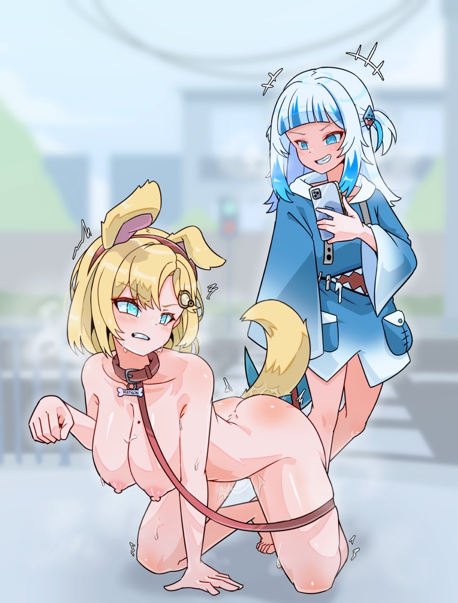 2girls all_fours blonde_hair blue_eyes blue_hair blush buttplug buttplug_tail collar dog_ears dog_tail female female_only gawr_gura hair_ornament hairclip holding_object hololive hololive_english hololive_myth leash leash_and_collar mole mole_on_breast moral_cacoethes nude nude_female petplay phone public public_nudity sex_toy shark_girl shark_tail short_hair sweat tail twintails two_tone_hair virtual_youtuber watson_amelia white_hair yuri