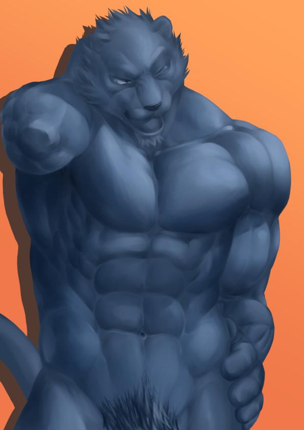 abs anthro biceps black_fur black_nose feline fur hand_behind_head looking_down male male_only mammal mennsuke muscular muscular_male navel nude one_eye_closed orange_background panther pecs pubes raised_arm shadow simple_background solo standing