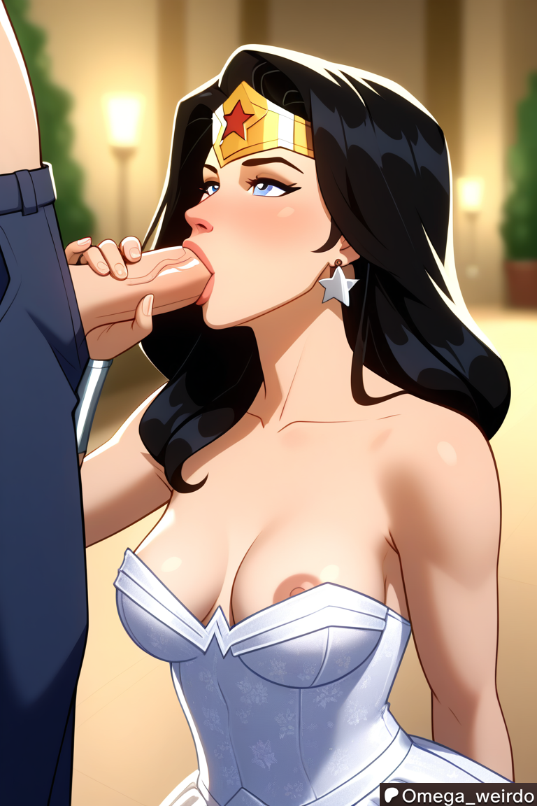 ai_generated big_breasts black_hair blowjob blue_eyes blush dc_comics earrings hand_on_penis headgear kneeling kneeling_female kneeling_oral_position looking_at_partner looking_up nipple_slip omega_weirdo outdoor_sex outdoors submissive submissive_female superheroine wedding_dress wonder_woman wonder_woman_(series)