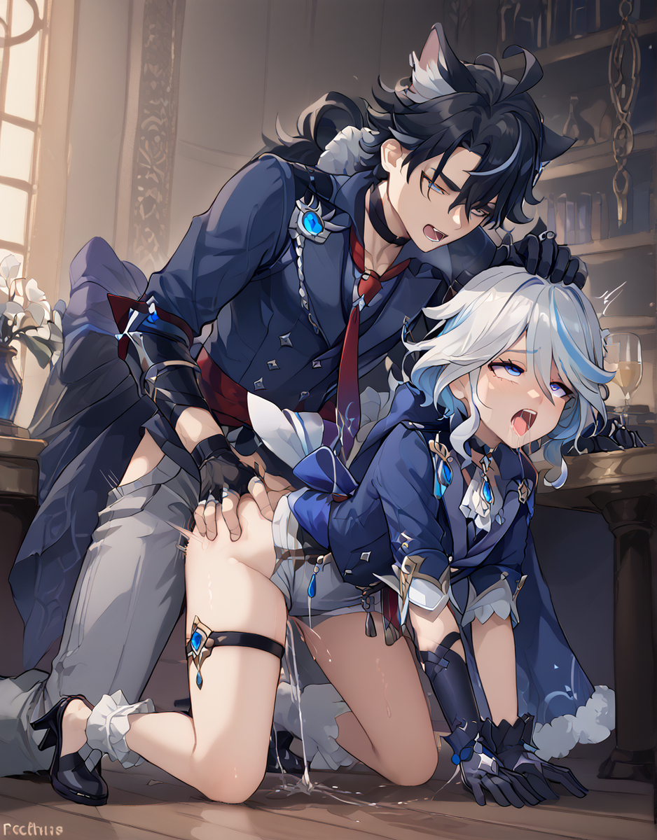 1boy, 1girls, ahe gao, ai generated, ass, ass grab, clothed sex, cum, cum dripping, dog ears, doggy style, female, fox yoo, from behind position, furina (genshin impact), genshin impact, high heels, male, male/female, on all fours, on knees, sex, straight, wolf ears, wriothesley (genshin impact)
