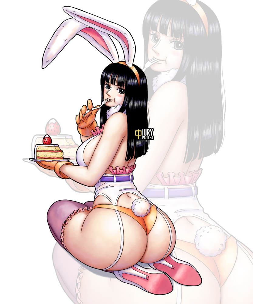 arched_back back_view bare_legs big_ass big_breasts black_hair blush bob_cut bunny_costume bunny_ears bunny_girl bunny_tail bunnysuit cake caked_up eating eating_food gloves heels high_heels iury_padilha kneeling kneeling_female lingerie lingerie_only long_hair looking_at_viewer nico_robin one_piece panties pantless post-timeskip sideboob slim_waist stockings tagme thick thick_ass thick_thighs thighhighs white_background white_skin wide_hips