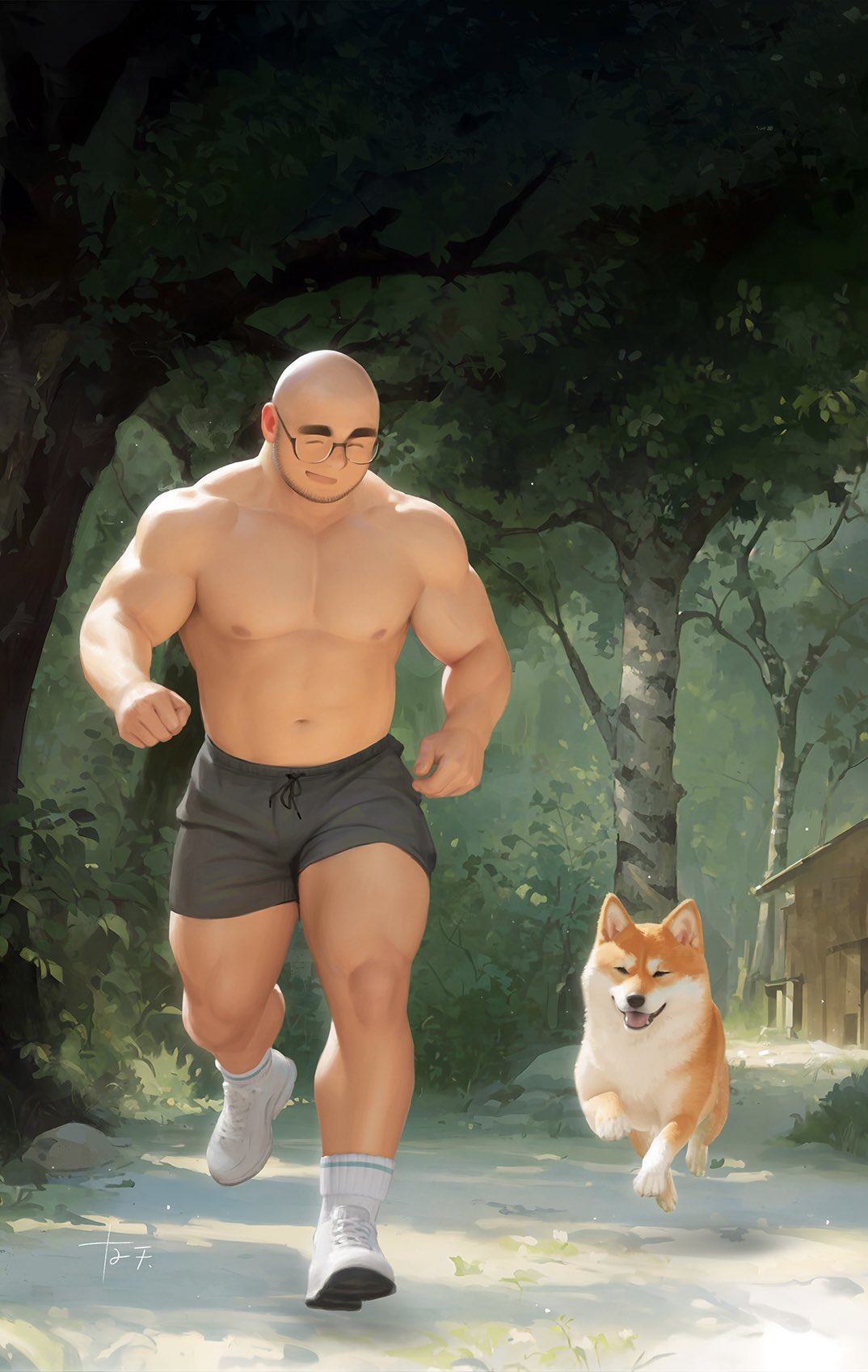 2022 biceps black_gym_shorts canid canine canis closed_eyes clothed clothing domestic_dog eyewear feral footwear forest fur glasses human male mammal musclegut muscular muscular_male navel nipples orange_body orange_fur outdoors outside pecs pet plant rock running shiba shiba_inu shoes signature sneakers socks solo spitz stubble topless tree trees weeds white_body white_clothing white_footwear white_fur white_shoes white_socks woods youtian