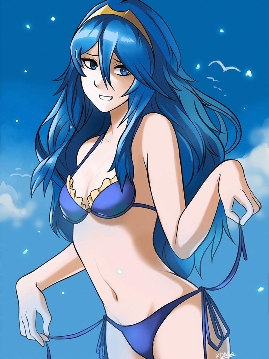 1girls alternate_costume bare_midriff bikini blue_bikini blue_eyes blue_hair blue_swimsuit fire_emblem fire_emblem_awakening long_hair lucina lucina_(fire_emblem) nintendo shy_smile small_breasts smile swimsuit symbol-shaped_pupils tiara tommietomm