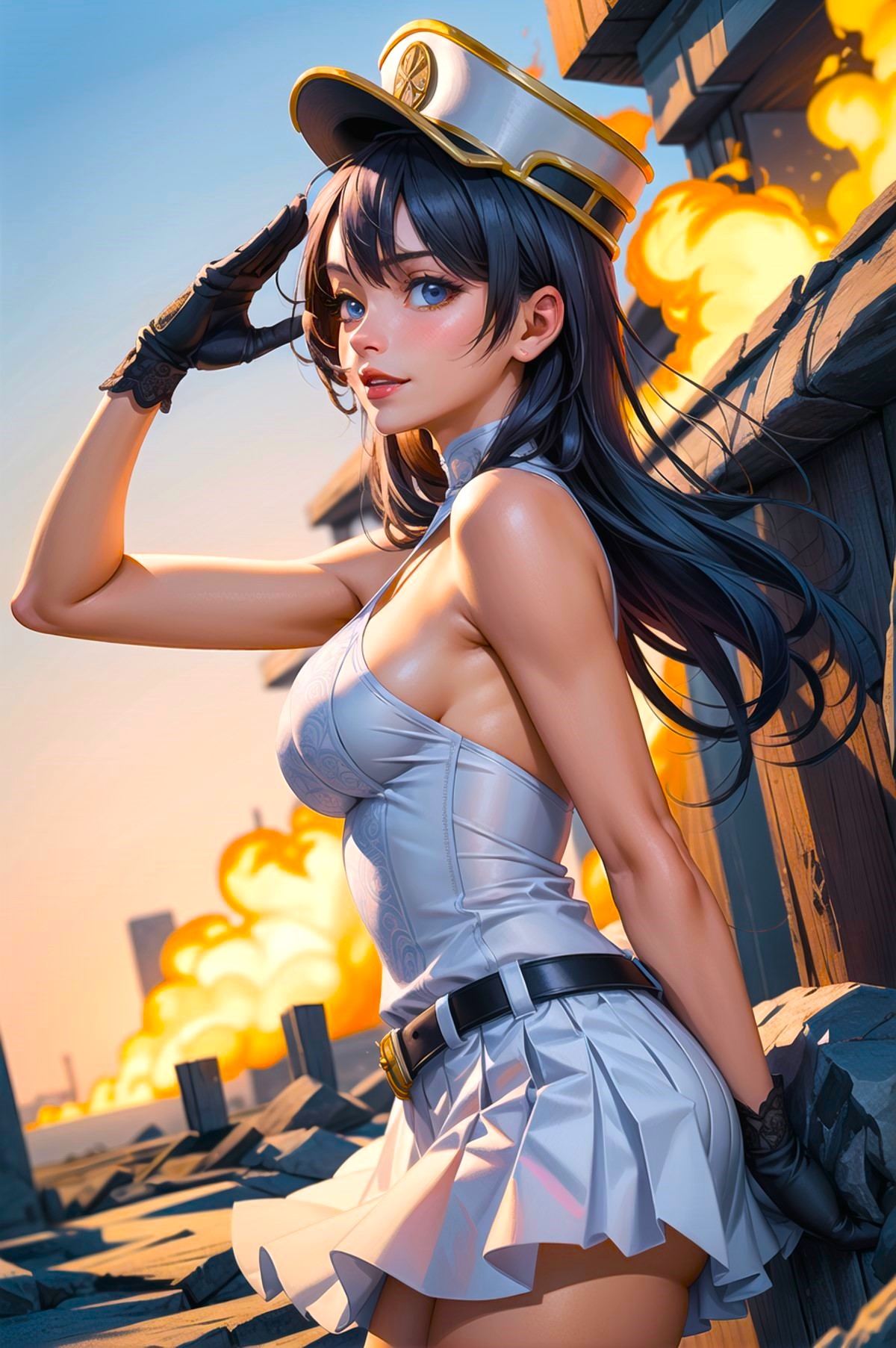 1girls ai_generated anime babe bambietta_basterbine battlefield beautiful_females belt black_gloves black_hair bleach bleach:_the_thousand-year_blood_war blue_eyes building busty_female city curvy cute evening explosion female fighter gloves looking_at_viewer looking_sideways military_hat military_uniform off_shoulder quincy_(bleach) revealing_clothes ruins salute sideboob smile solider stable_diffusion sternritter toongenai villainess warrior