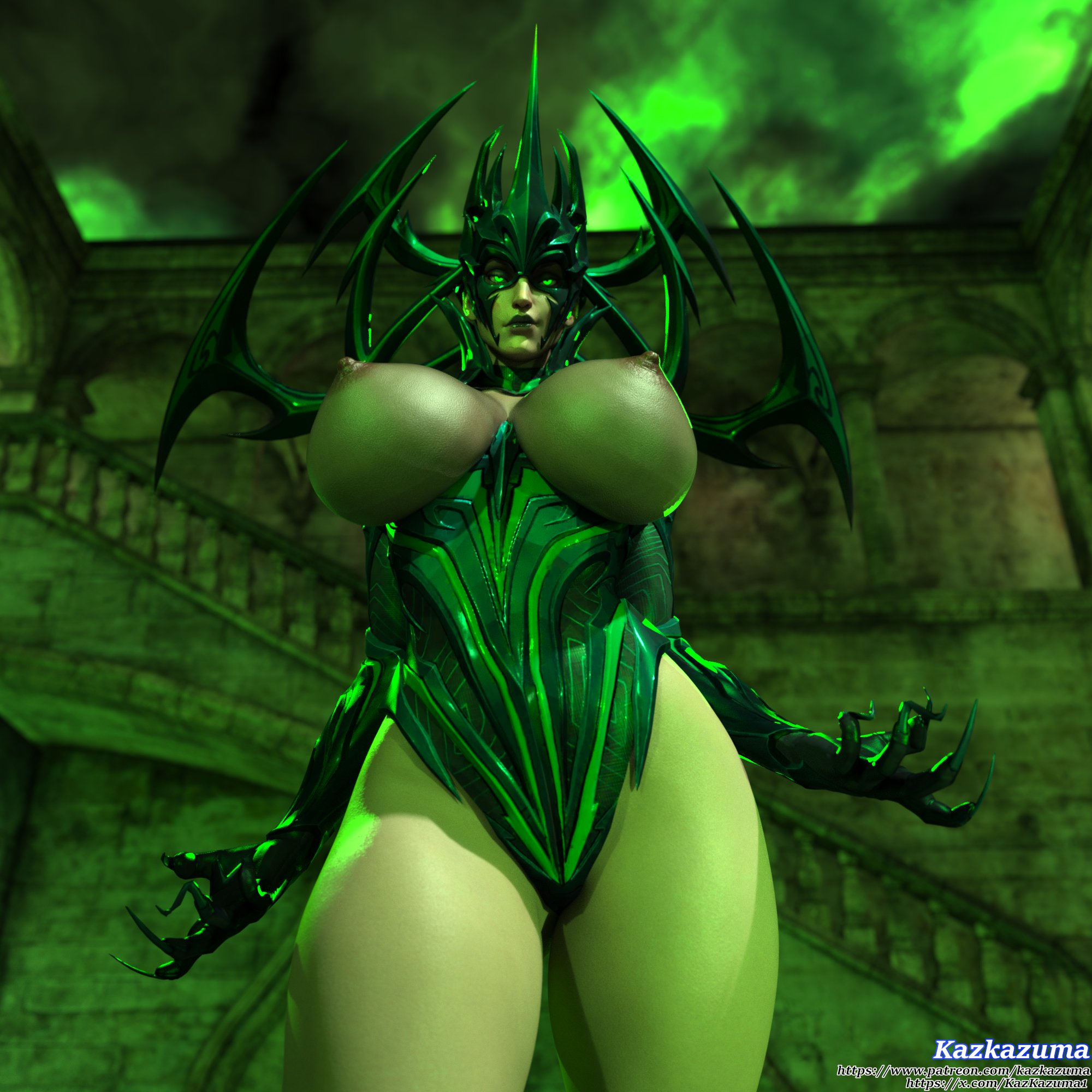 1girls, 3d, areolae, big breasts, breasts, female, female only, hela, hela (marvel rivals), huge breasts, kazkazuma, looking at viewer, marvel, marvel comics, marvel rivals, nipples, solo