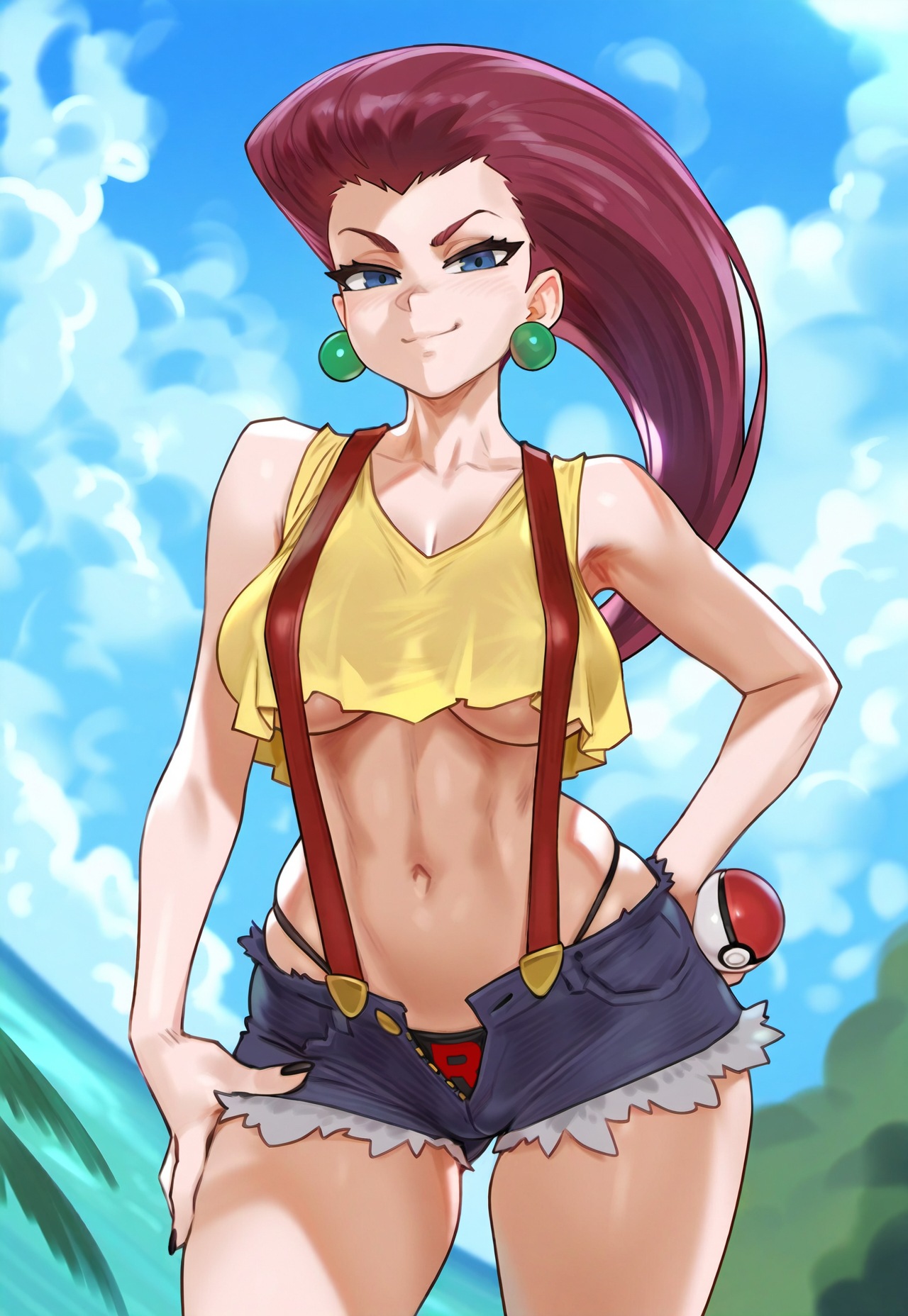 1girls, ai generated, alternate costume, blue eyes, breasts, cosplay, covered nipples, crop top, crop top overhang, denim shorts, earrings, female, highleg panties, jagat ai, jessie (pokemon), long hair, misty (pokemon) (cosplay), nintendo, nipple bulge, open fly, outdoors, panties, pokeball, pokemon, red hair, short shorts, shorts, solo, solo female, team rocket, underboob, unzipped, unzipped pants