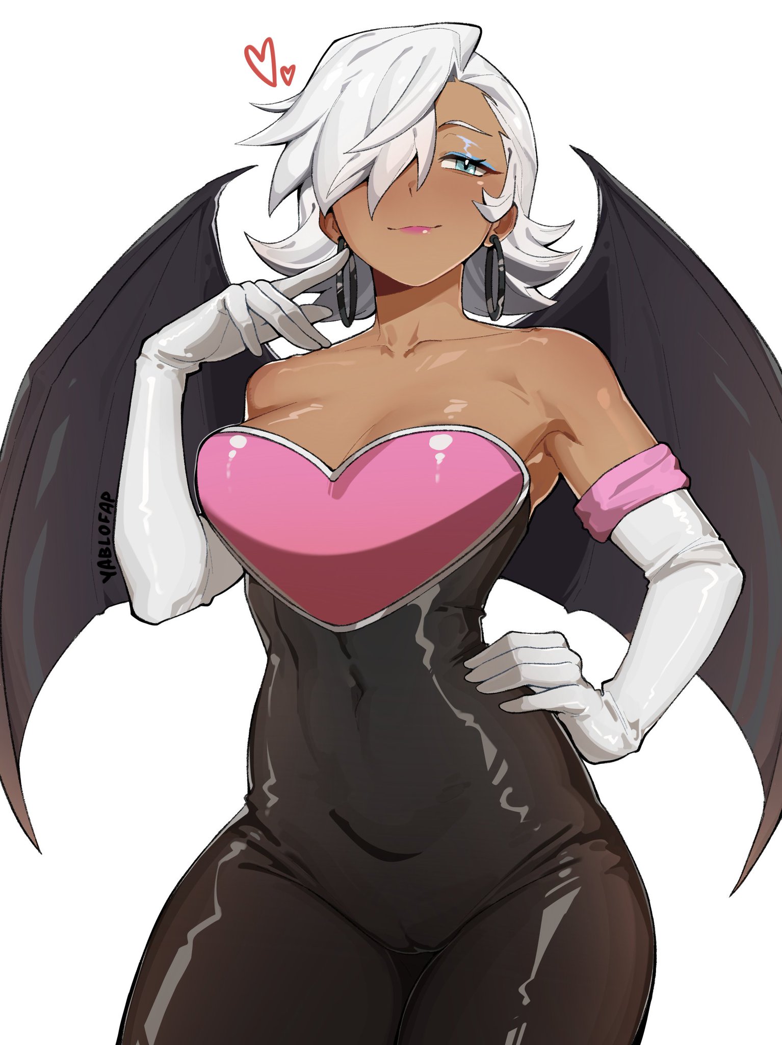 bat, bat wings, batwings, big breasts, black wings, blue eyes, blue eyeshadow, breasts, cleavage, clothed, dark skin, dark-skinned female, earrings, elbow gloves, eyeshadow, female, gloves, hair over one eye, half closed eyes, hoop earrings, human, human version, humanization, humanized, latex, latex clothing, latina, lipstick, pink lipstick, rouge the bat, simple background, sonic (series), sonic adventure 2, sonic the hedgehog (series), thick, thick thighs, white background, white gloves, white hair, wings, yablofap
