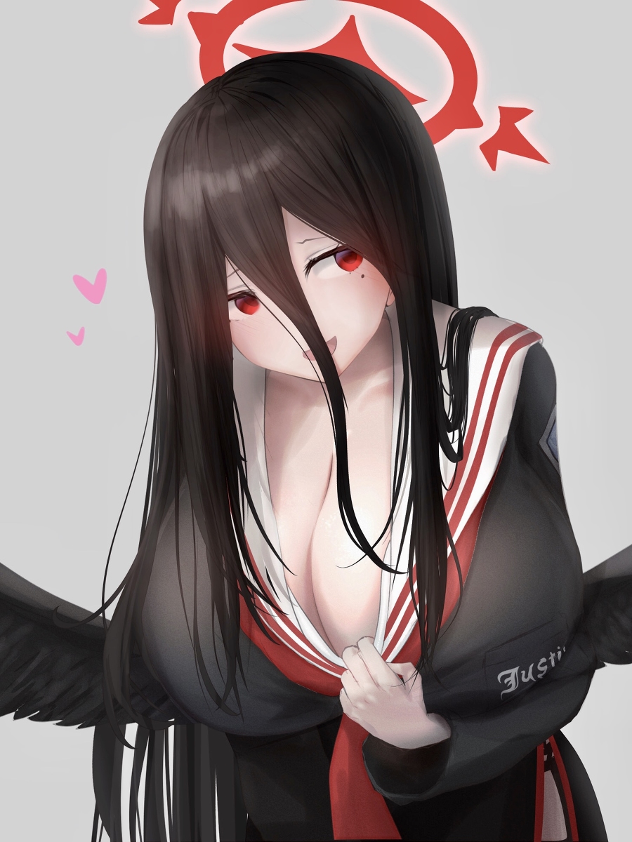 1girls black_hair black_wings blue_archive blush blush breasts cleavage feathered_wings female female_only hair_between_eyes halo hasumi_(blue_archive) huge_breasts large_breasts leaning_forward long_hair metae mole mole_under_eye red_eyes school_uniform showing_breasts simple_background solo tie wings