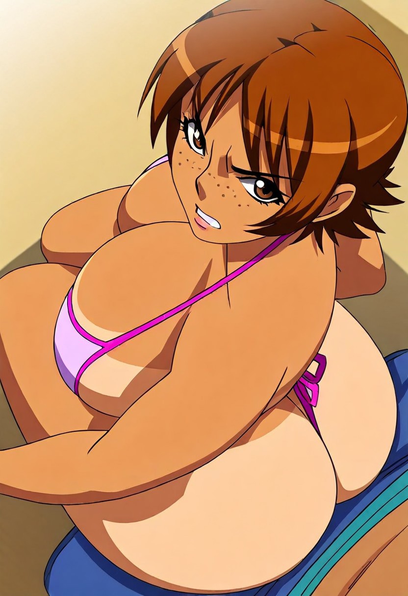 1girls ai_generated angry big_ass big_breasts bikini bikini_tan brown_eyes brown_hair civitai female freckles gritted_teeth huge_ass huge_breasts legs_together looking_at_viewer looking_back offscreen_male pov pov_eye_contact short_hair sitting sitting_on_lap sitting_on_person solo_focus tan-skinned_female tan_body tanline thick_thighs thong tomboy voluptuous wide_hips