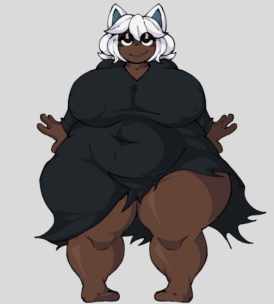 big_breasts chubby chubby_female cosplay dark-skinned_female nipple_bulge oc pegaka_(artist) roblox tatsumaki temmie thick_thighs white_hair